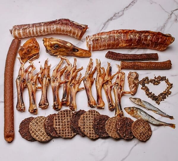 Variety of dried meats and treats displayed.