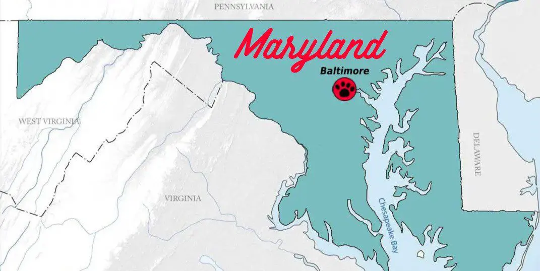 A map showing the location of maryland.