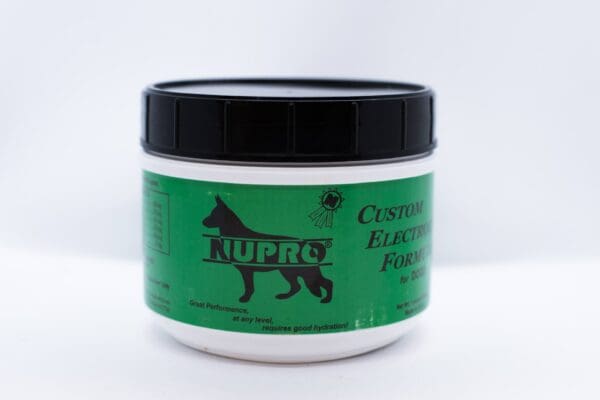 A jar of Nupro Electrolyte Formula for dogs on a white background.