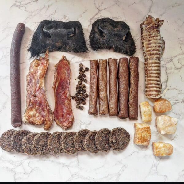 Assortment of dog treats and chews.