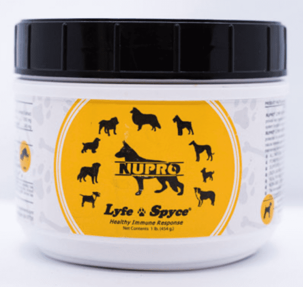 A jar of Nupro Lyfe Spyce for Dogs with tupper life and sprite.