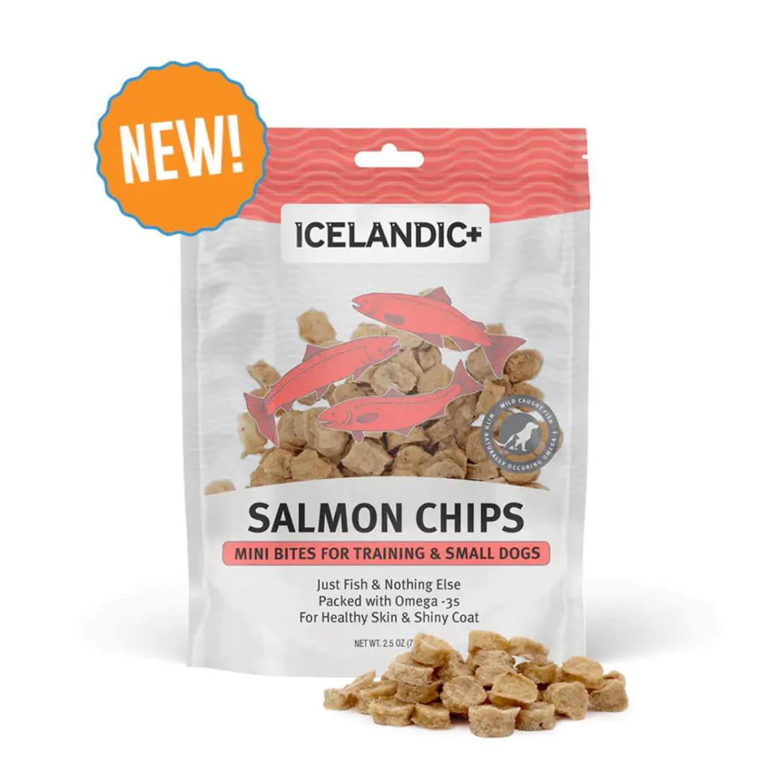 A bag of salmon chips for dogs.