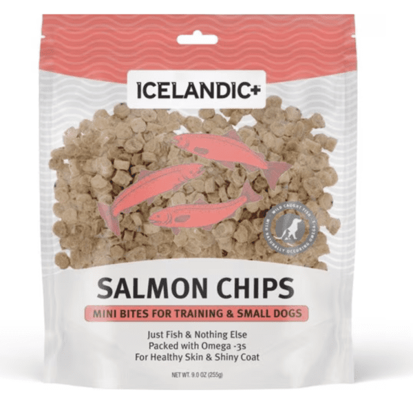 A bag of salmon chips for dogs and cats.