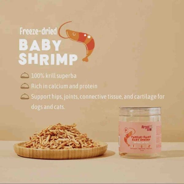 A jar of baby shrimp next to a bowl of pink rice.