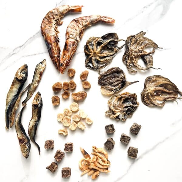 Assortment of dried seafood snacks.