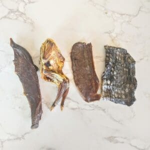 Dried meat and fish snacks for dogs.