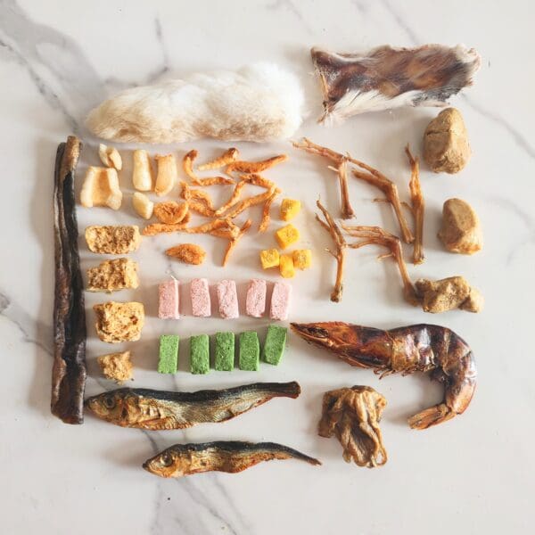 Assortment of dried pet treats.